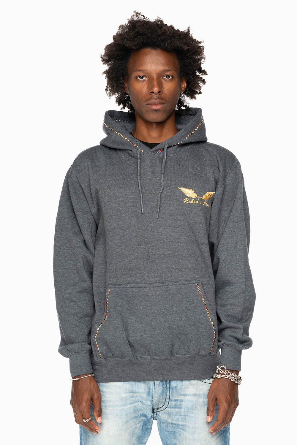 ROBIN’S JEAN PULLOVER HOODIE IN DARK HEATHER EMBELLISHED WITH MULTI-COLOR CRYSTALS - Image 11