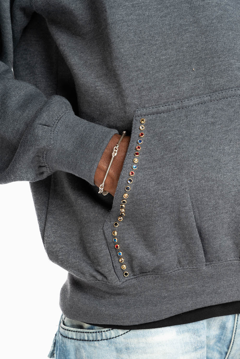 ROBIN’S JEAN PULLOVER HOODIE IN DARK HEATHER EMBELLISHED WITH MULTI-COLOR CRYSTALS - Image 2