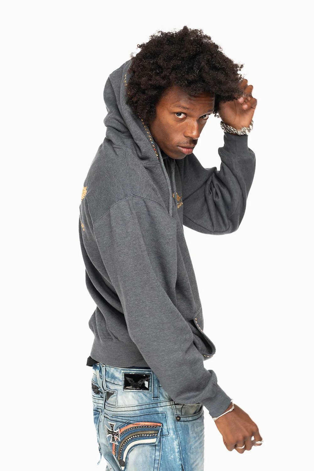 ROBIN’S JEAN PULLOVER HOODIE IN DARK HEATHER EMBELLISHED WITH MULTI-COLOR CRYSTALS - Image 3