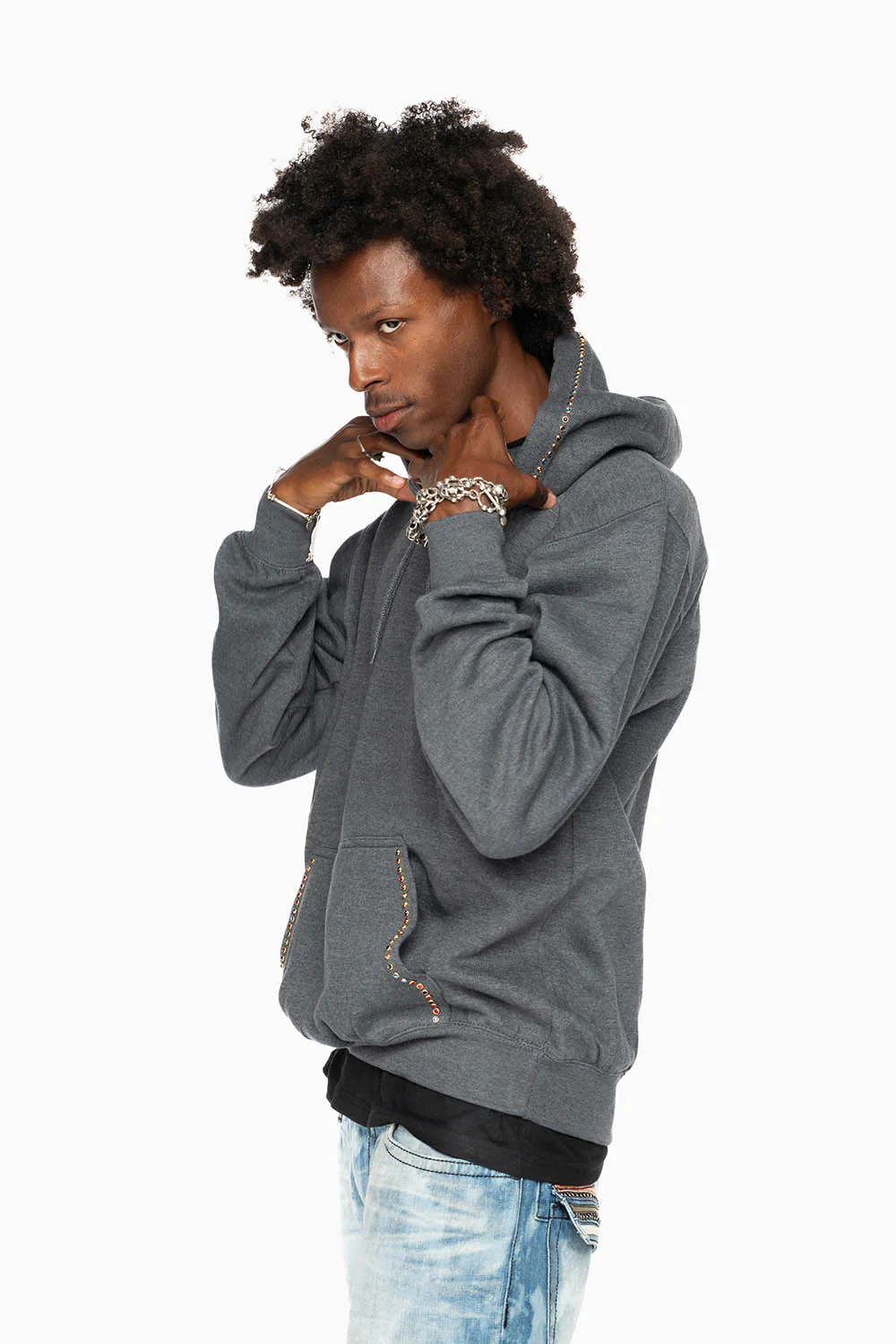 ROBIN’S JEAN PULLOVER HOODIE IN DARK HEATHER EMBELLISHED WITH MULTI-COLOR CRYSTALS - Image 4