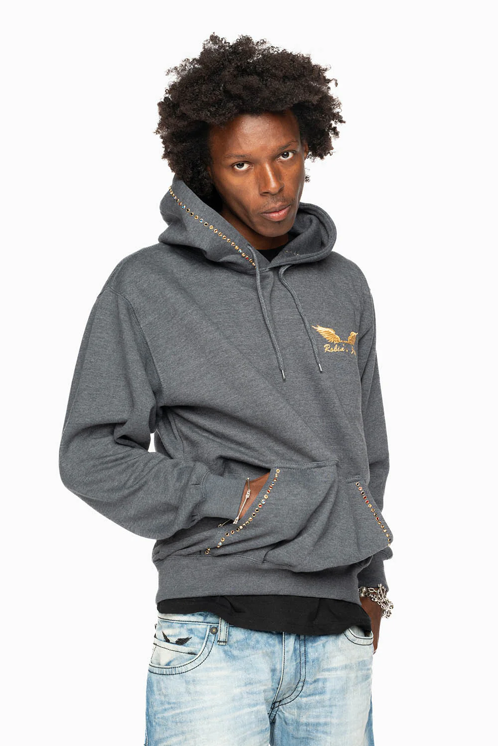 ROBIN’S JEAN PULLOVER HOODIE IN DARK HEATHER EMBELLISHED WITH MULTI-COLOR CRYSTALS - Image 5