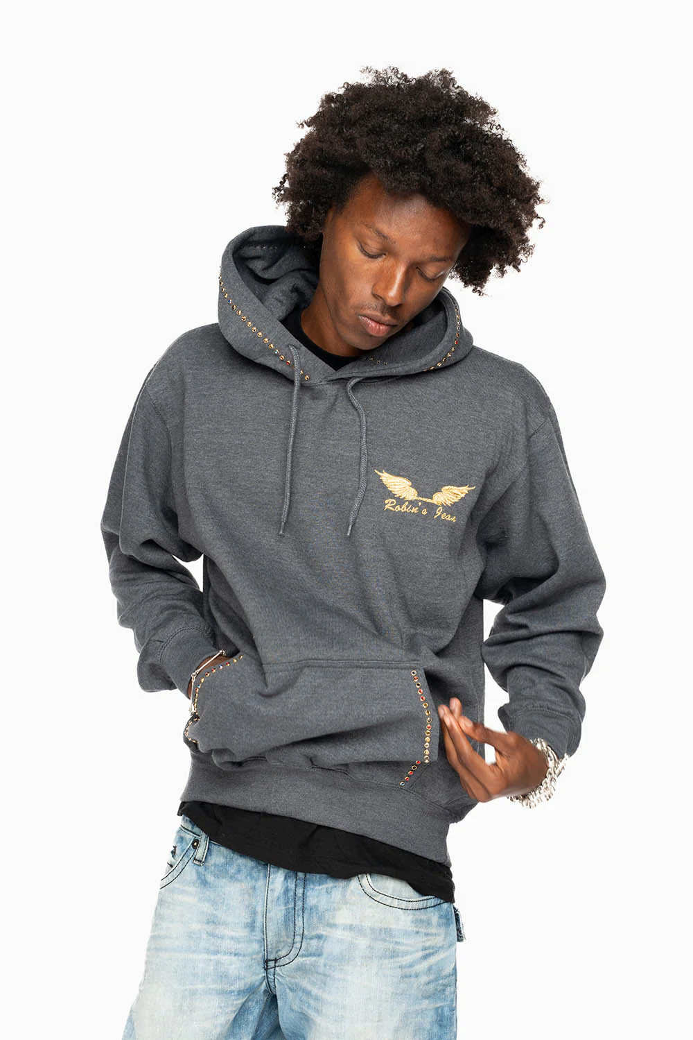 ROBIN’S JEAN PULLOVER HOODIE IN DARK HEATHER EMBELLISHED WITH MULTI-COLOR CRYSTALS - Image 6
