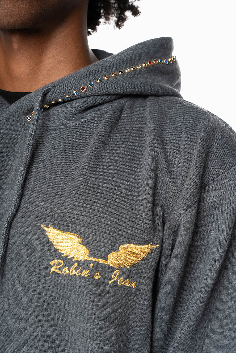 ROBIN’S JEAN PULLOVER HOODIE IN DARK HEATHER EMBELLISHED WITH MULTI-COLOR CRYSTALS - Image 7
