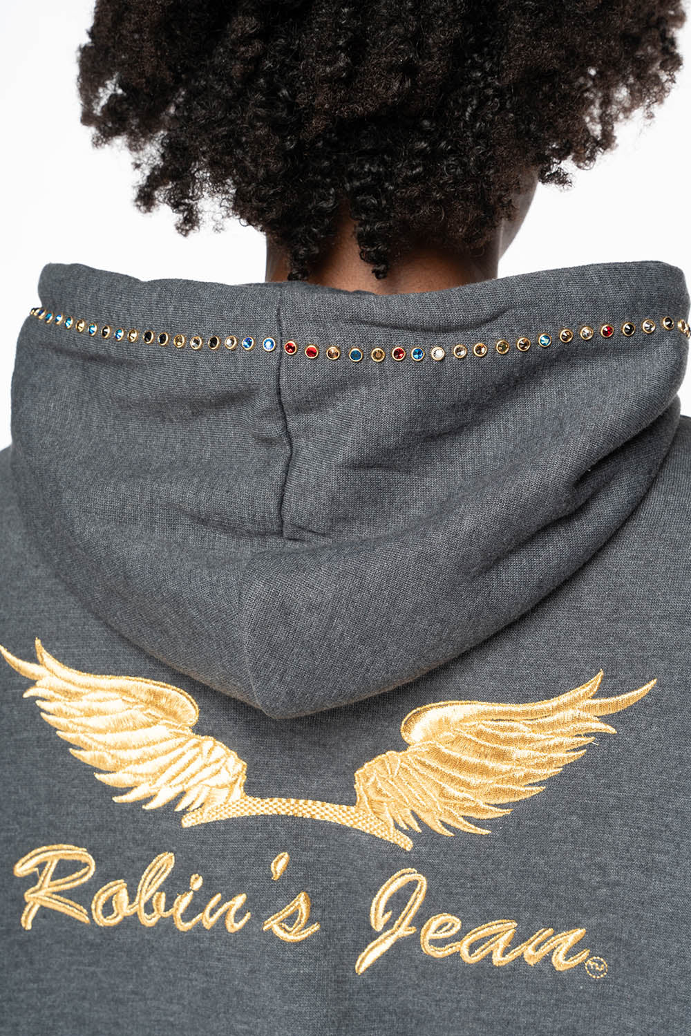 ROBIN’S JEAN PULLOVER HOODIE IN DARK HEATHER EMBELLISHED WITH MULTI-COLOR CRYSTALS - Image 8