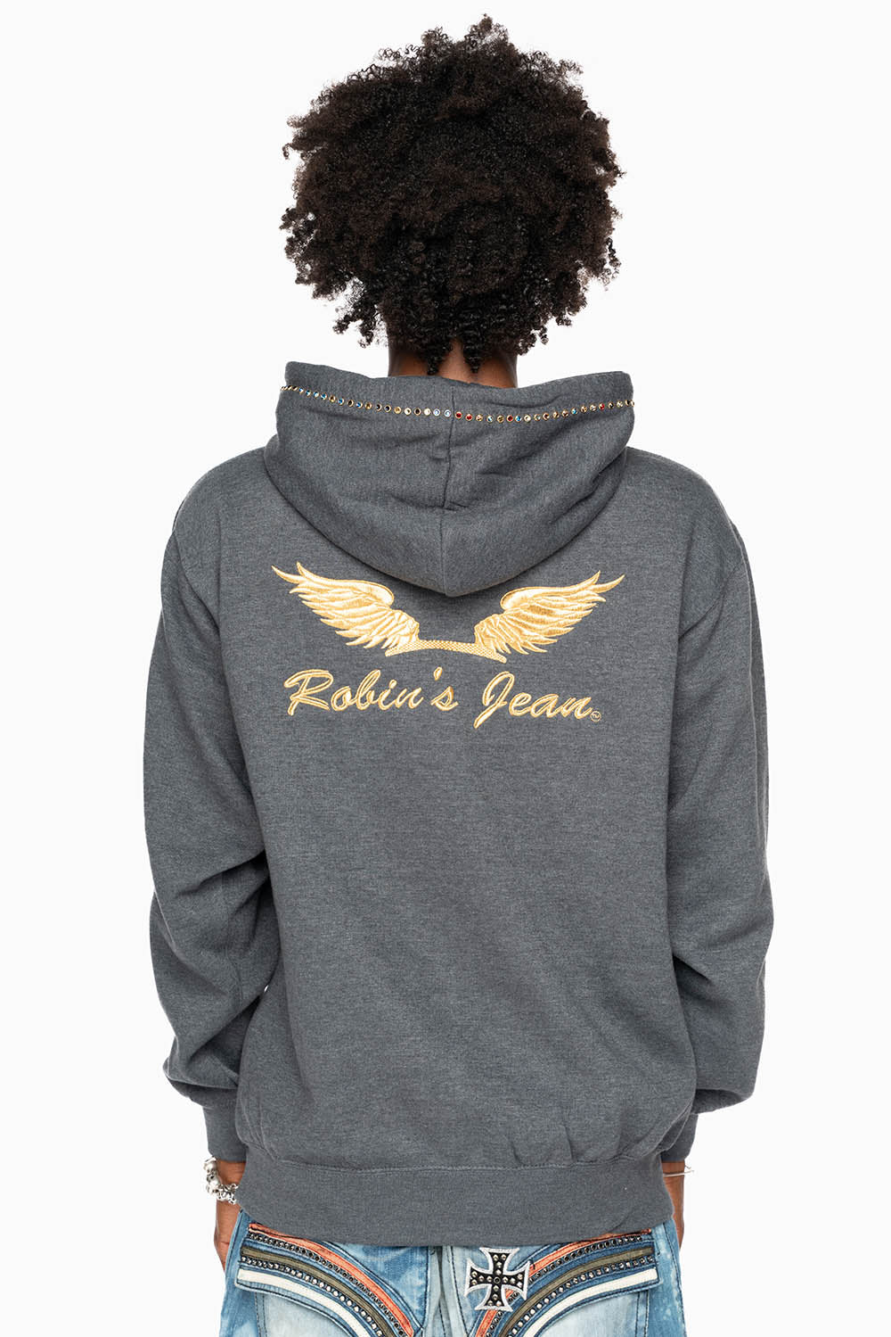ROBIN’S JEAN PULLOVER HOODIE IN DARK HEATHER EMBELLISHED WITH MULTI-COLOR CRYSTALS - Image 9