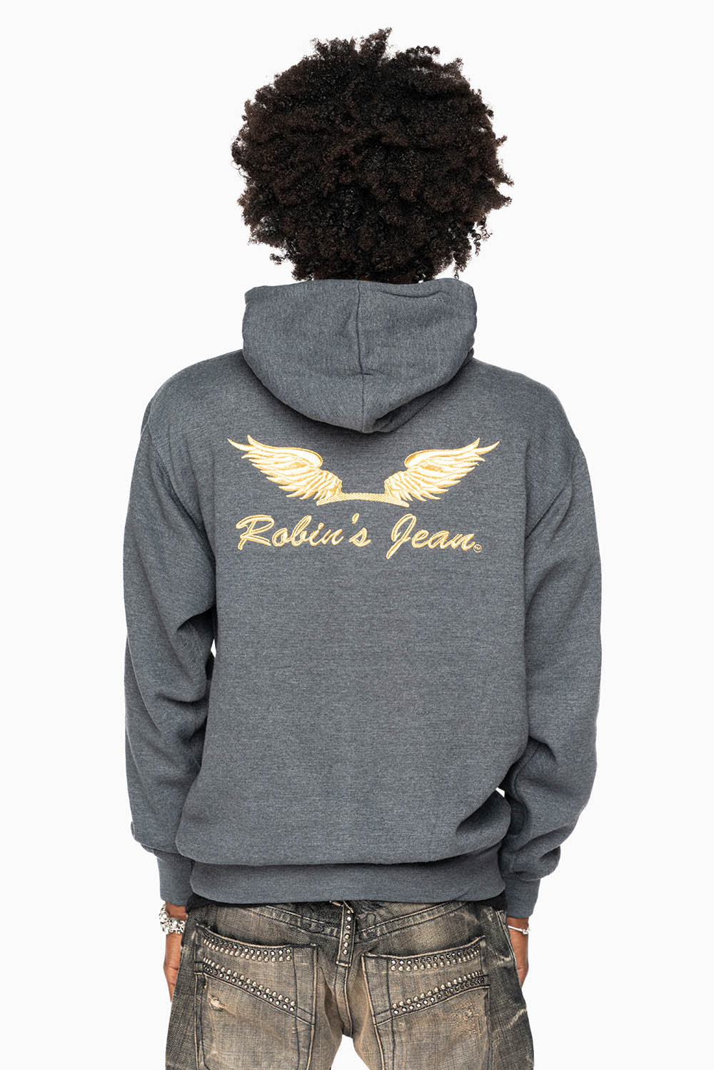 ROBIN’S JEAN PULLOVER HOODIE IN DARK HEATHER WITH GOLD WINGS EMBROIDERY - Image 2