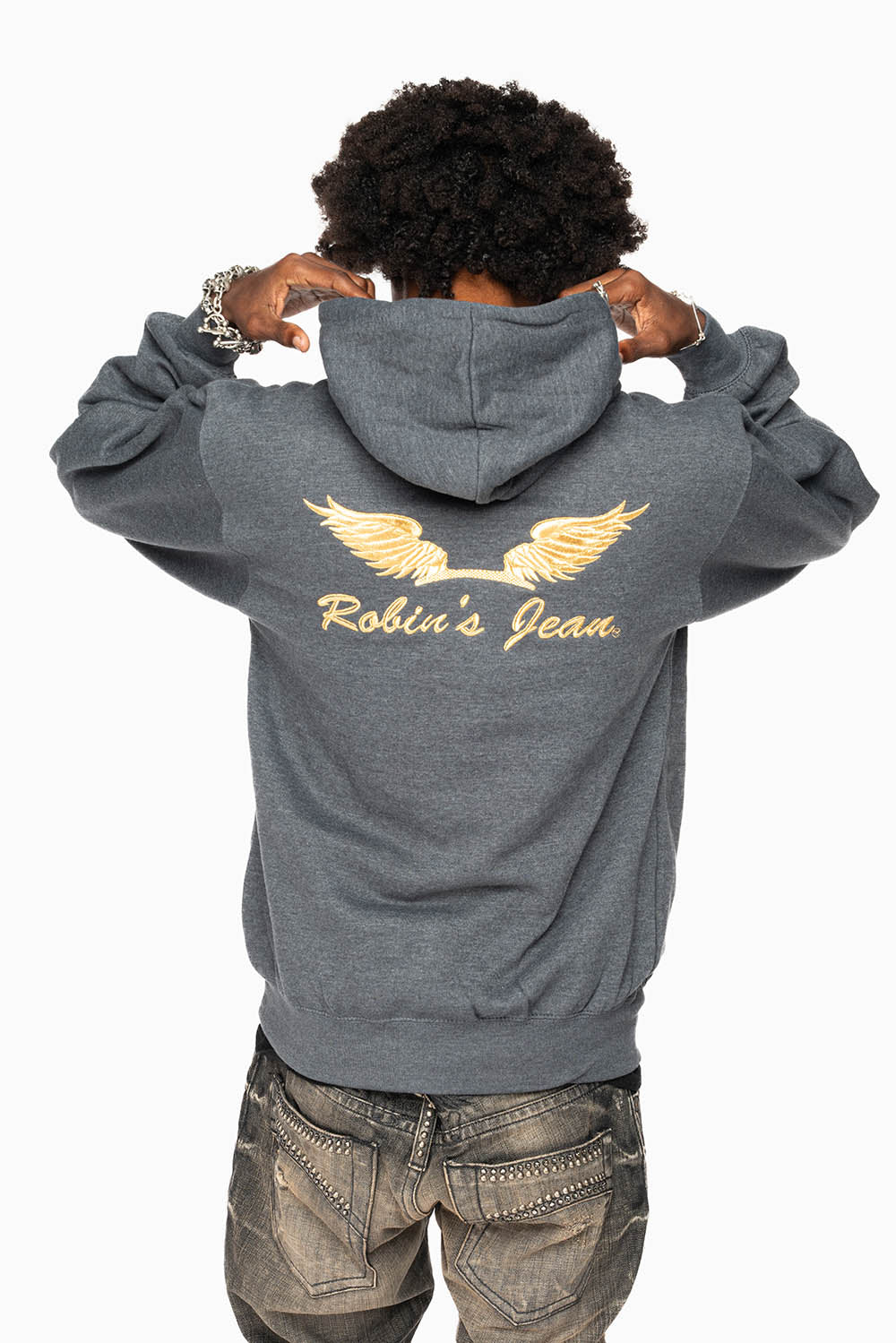 ROBIN’S JEAN PULLOVER HOODIE IN DARK HEATHER WITH GOLD WINGS EMBROIDERY - Image 4