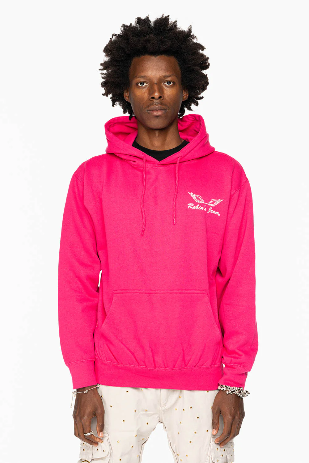 ROBIN’S JEAN PULLOVER HOODIE IN FUCHsIA WITH WHITE WING PRINT