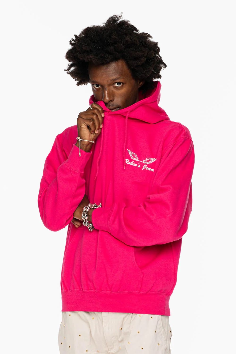 ROBIN’S JEAN PULLOVER HOODIE IN FUCHsIA WITH WHITE WING PRINT - Image 3