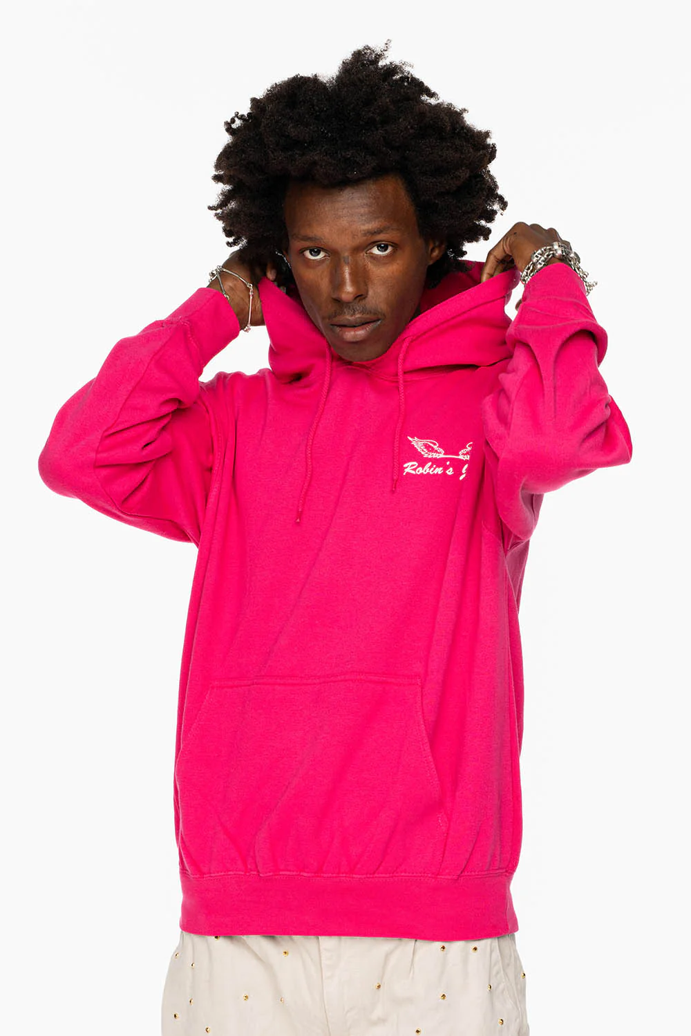 ROBIN’S JEAN PULLOVER HOODIE IN FUCHsIA WITH WHITE WING PRINT - Image 4