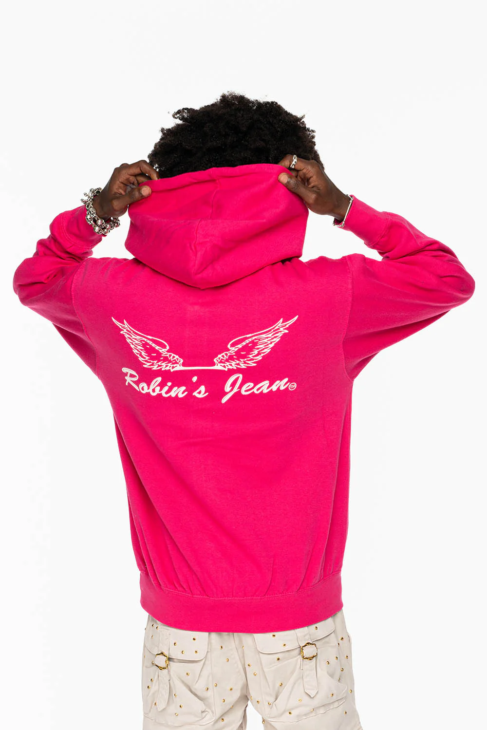 ROBIN’S JEAN PULLOVER HOODIE IN FUCHsIA WITH WHITE WING PRINT - Image 5