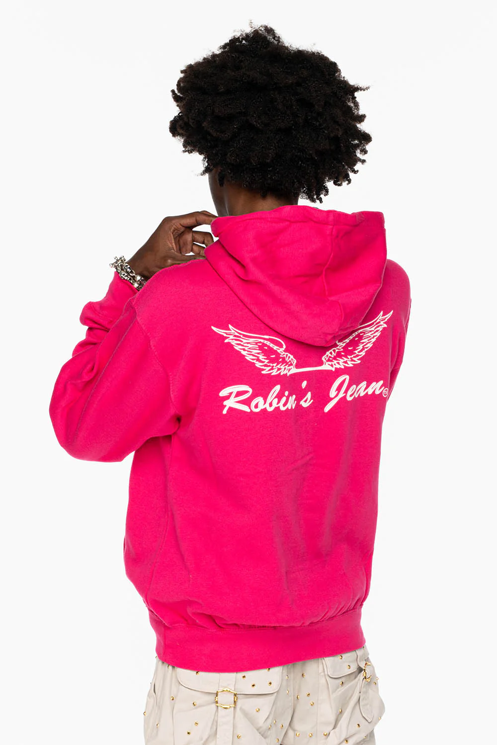 ROBIN’S JEAN PULLOVER HOODIE IN FUCHsIA WITH WHITE WING PRINT - Image 6