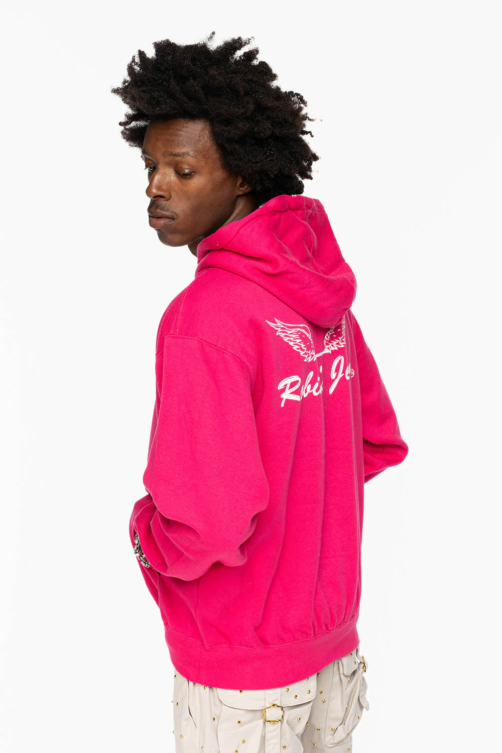 ROBIN’S JEAN PULLOVER HOODIE IN FUCHsIA WITH WHITE WING PRINT - Image 7