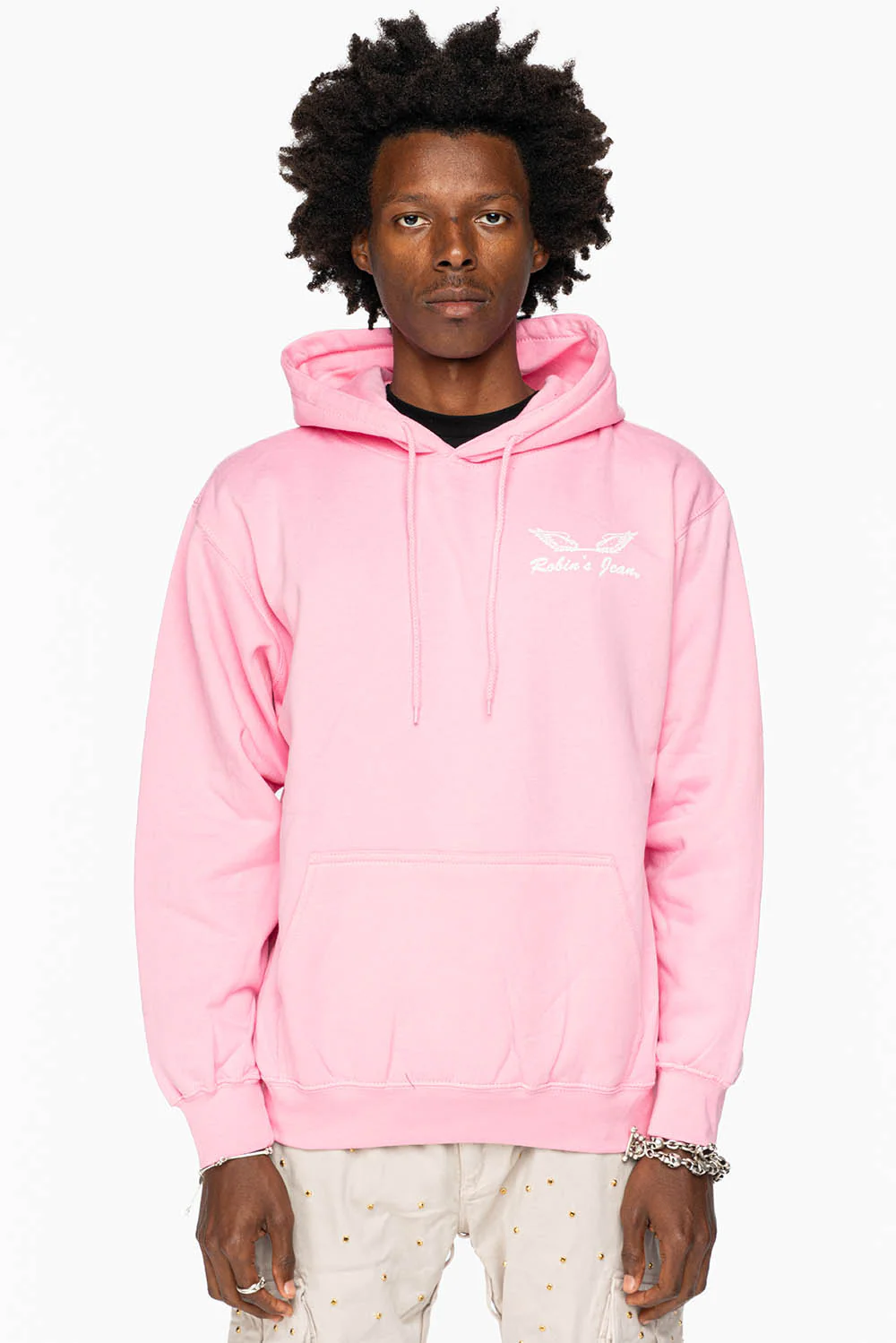 ROBIN’S JEAN PULLOVER HOODIE IN LIGHT PINK WITH WHITE WING PRINT