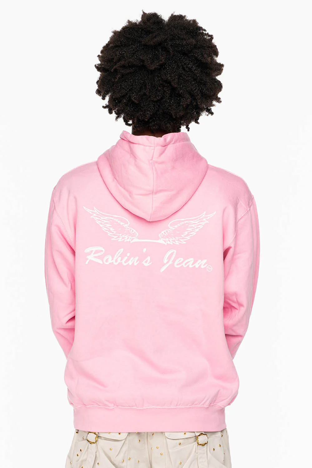 ROBIN’S JEAN PULLOVER HOODIE IN LIGHT PINK WITH WHITE WING PRINT - Image 2