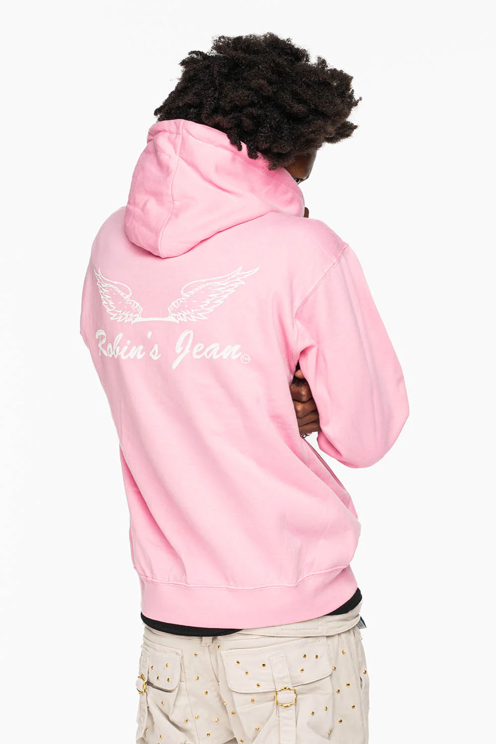 ROBIN’S JEAN PULLOVER HOODIE IN LIGHT PINK WITH WHITE WING PRINT - Image 4