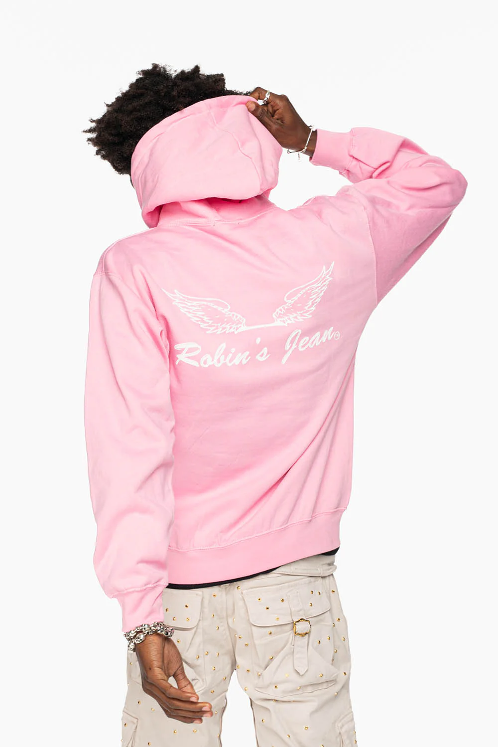ROBIN’S JEAN PULLOVER HOODIE IN LIGHT PINK WITH WHITE WING PRINT - Image 5
