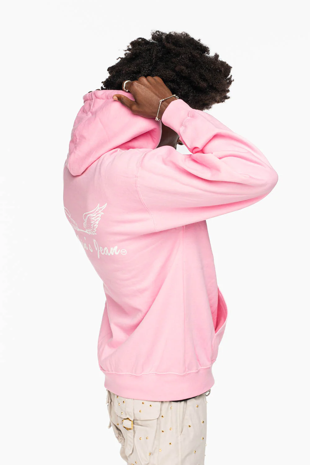 ROBIN’S JEAN PULLOVER HOODIE IN LIGHT PINK WITH WHITE WING PRINT - Image 6