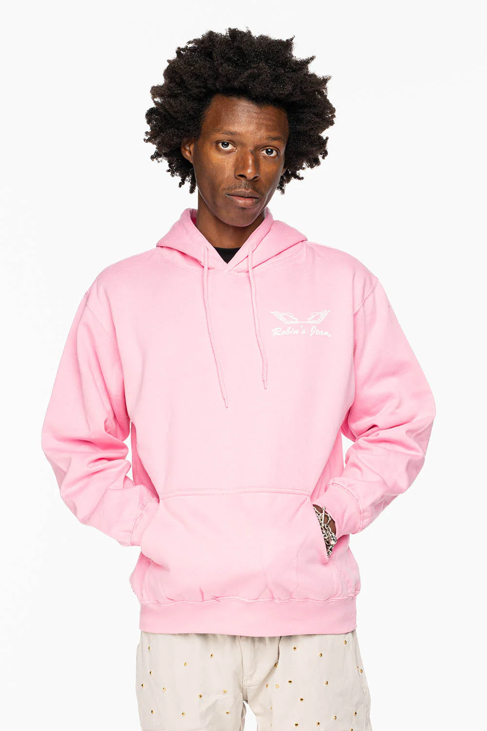 ROBIN’S JEAN PULLOVER HOODIE IN LIGHT PINK WITH WHITE WING PRINT - Image 7