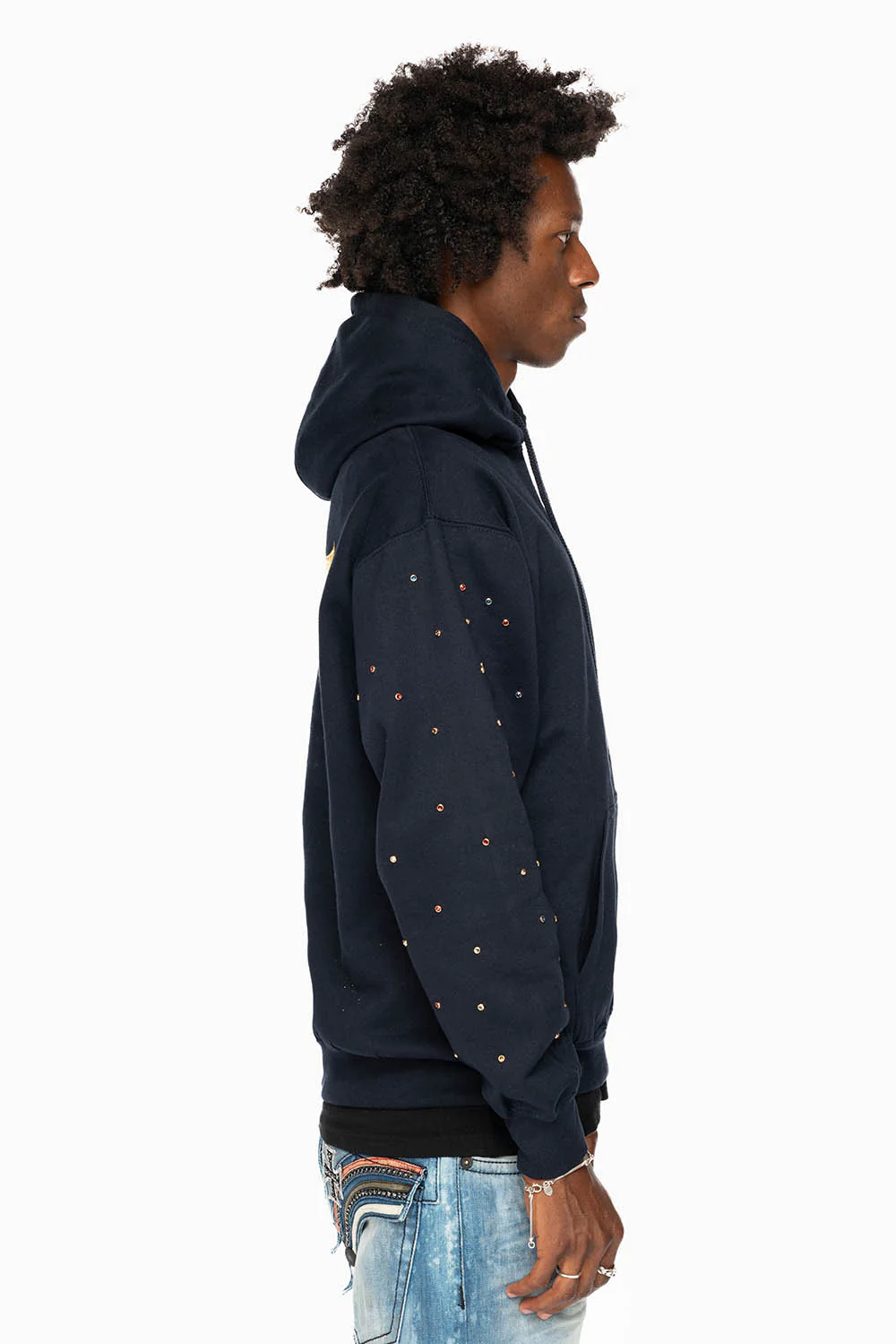 ROBIN’S JEAN PULLOVER HOODIE IN NAVY EMBELLISHED SLEEVES WITH CRYSTALS AND GOLD WINGS EMBROIDERY - Image 10