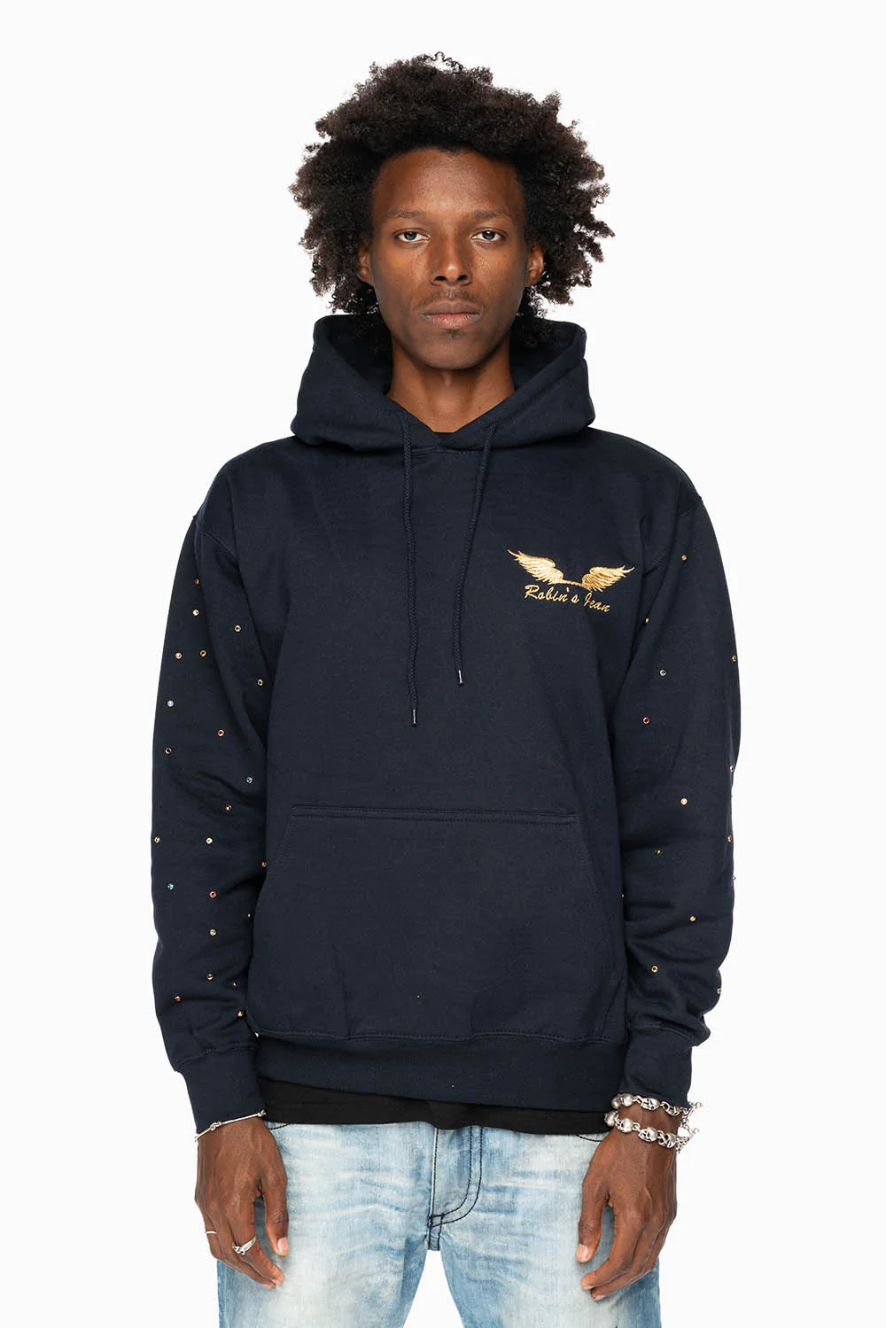 ROBIN’S JEAN PULLOVER HOODIE IN NAVY EMBELLISHED SLEEVES WITH CRYSTALS AND GOLD WINGS EMBROIDERY - Image 11
