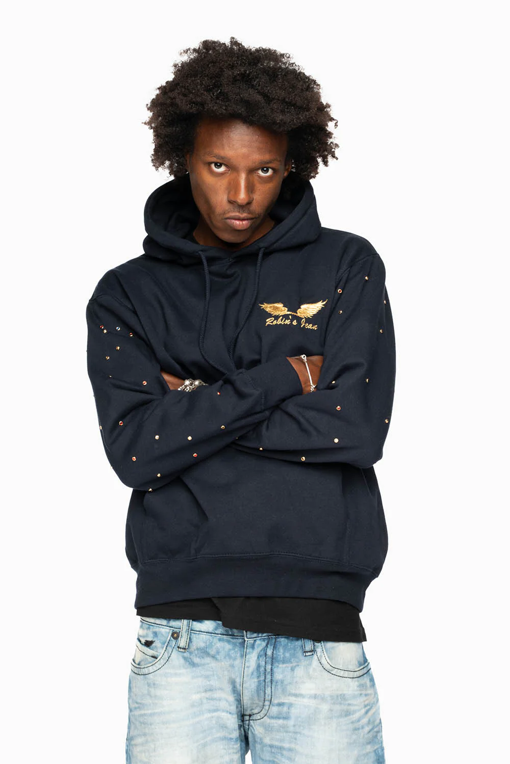 ROBIN’S JEAN PULLOVER HOODIE IN NAVY EMBELLISHED SLEEVES WITH CRYSTALS AND GOLD WINGS EMBROIDERY - Image 3