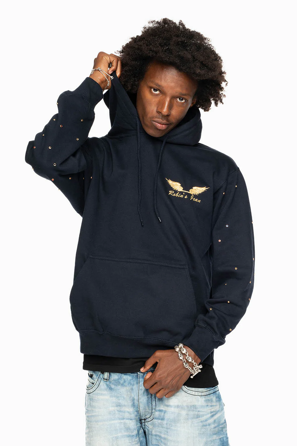 ROBIN’S JEAN PULLOVER HOODIE IN NAVY EMBELLISHED SLEEVES WITH CRYSTALS AND GOLD WINGS EMBROIDERY - Image 4