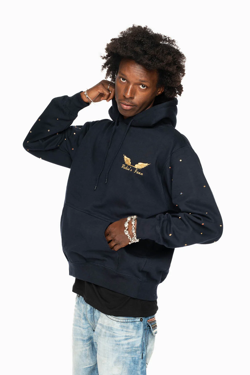ROBIN’S JEAN PULLOVER HOODIE IN NAVY EMBELLISHED SLEEVES WITH CRYSTALS AND GOLD WINGS EMBROIDERY - Image 5
