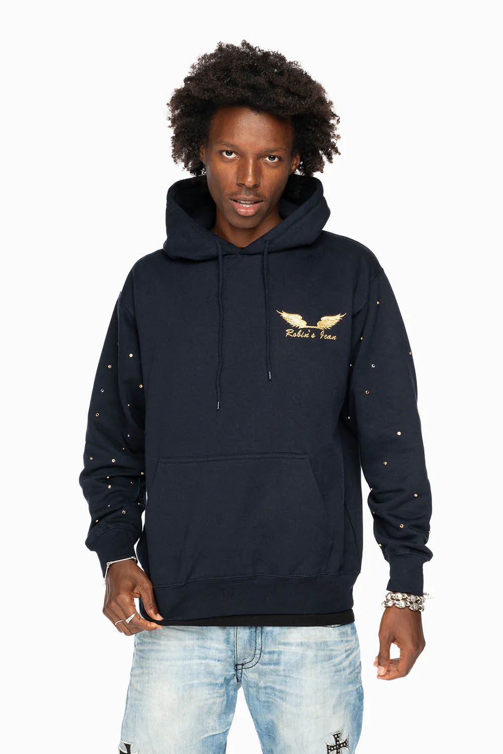 ROBIN’S JEAN PULLOVER HOODIE IN NAVY EMBELLISHED SLEEVES WITH CRYSTALS AND GOLD WINGS EMBROIDERY - Image 6