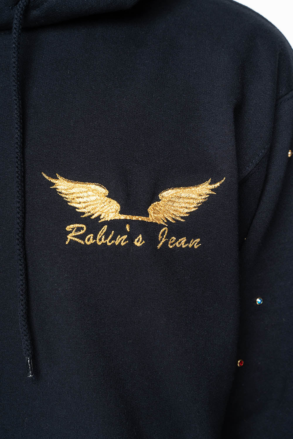 ROBIN’S JEAN PULLOVER HOODIE IN NAVY EMBELLISHED SLEEVES WITH CRYSTALS AND GOLD WINGS EMBROIDERY - Image 7