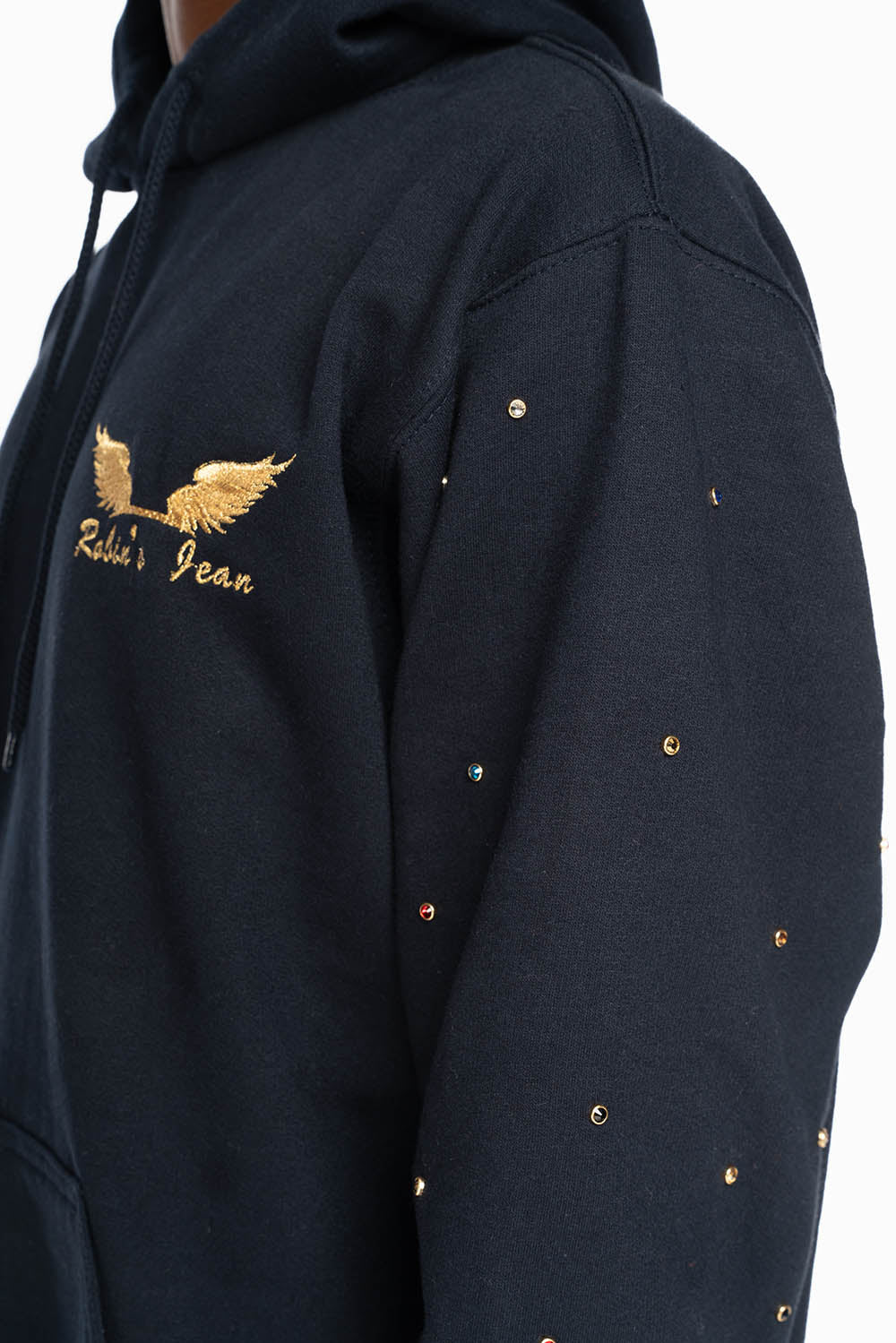 ROBIN’S JEAN PULLOVER HOODIE IN NAVY EMBELLISHED SLEEVES WITH CRYSTALS AND GOLD WINGS EMBROIDERY - Image 8