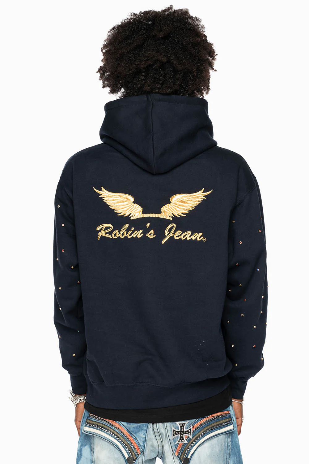 ROBIN’S JEAN PULLOVER HOODIE IN NAVY EMBELLISHED SLEEVES WITH CRYSTALS AND GOLD WINGS EMBROIDERY - Image 9
