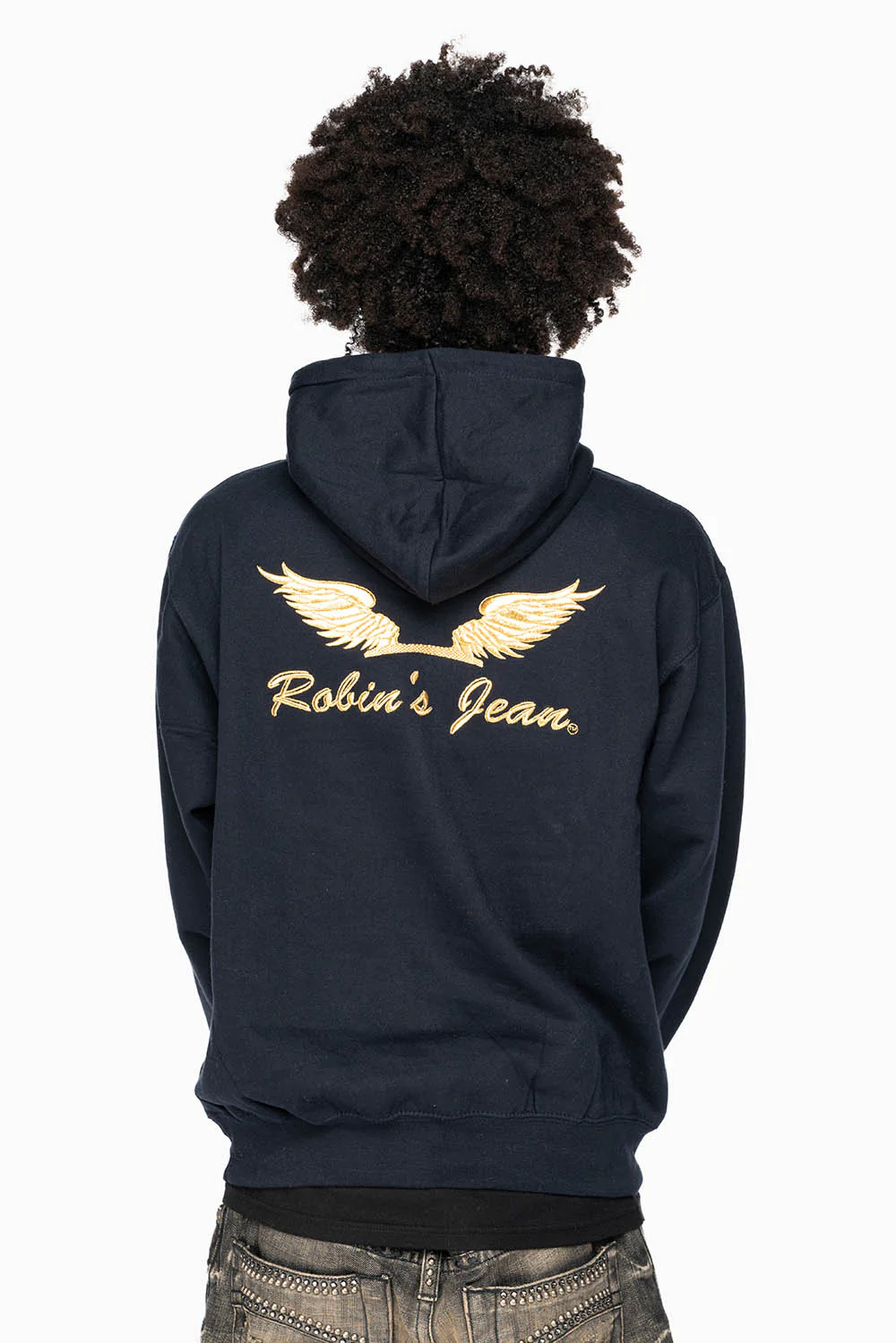ROBIN’S JEAN PULLOVER HOODIE IN NAVY WITH GOLD WINGS EMBROIDERY - Image 2