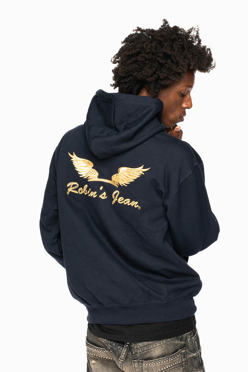 ROBIN’S JEAN PULLOVER HOODIE IN NAVY WITH GOLD WINGS EMBROIDERY - Image 5