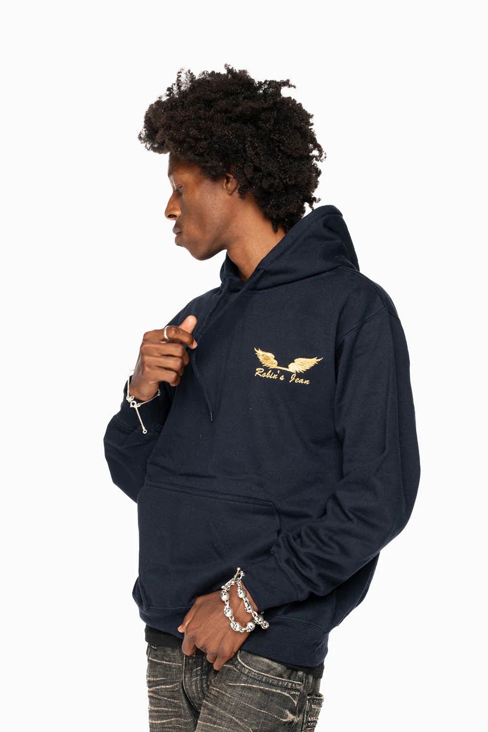 ROBIN’S JEAN PULLOVER HOODIE IN NAVY WITH GOLD WINGS EMBROIDERY - Image 6