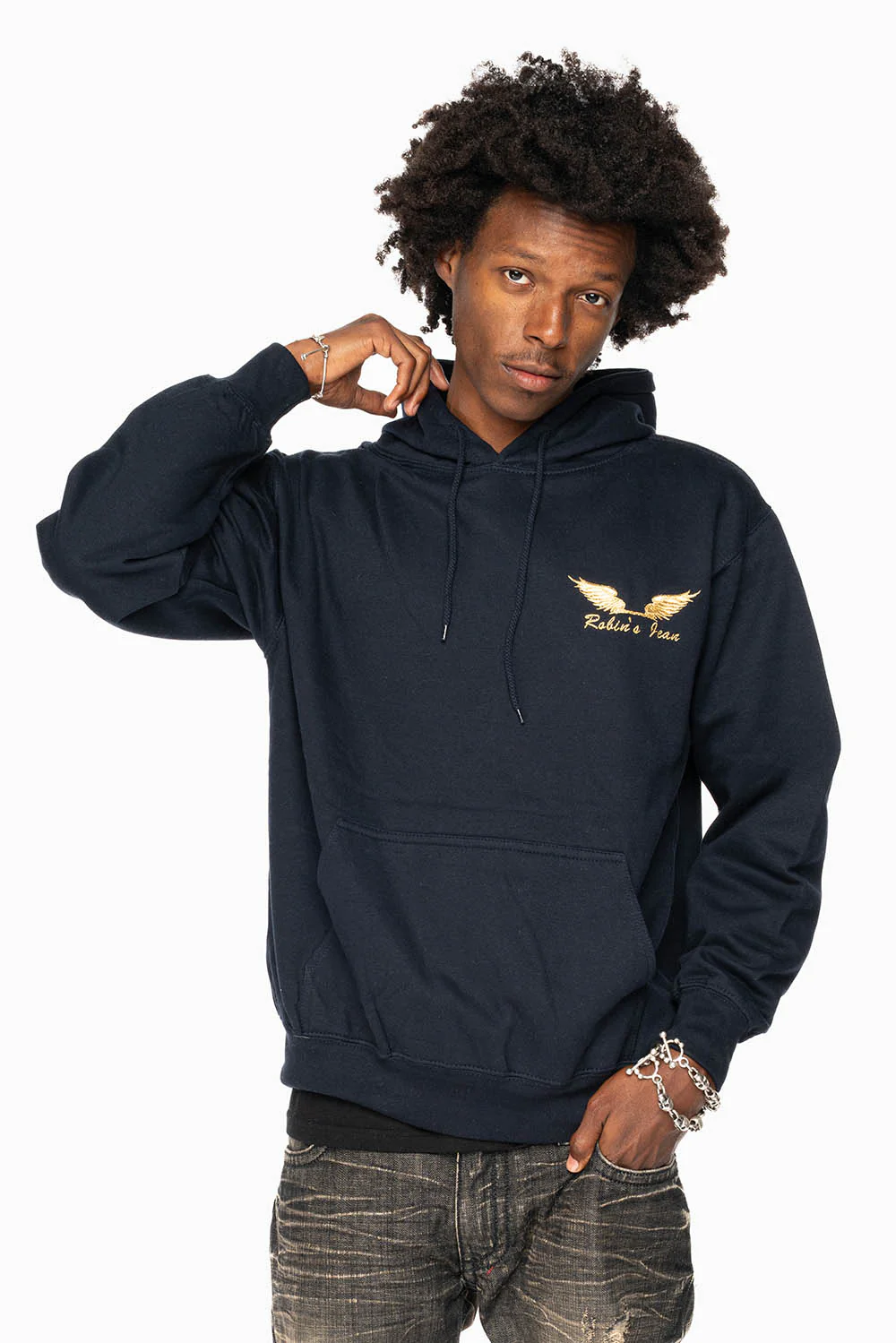 ROBIN’S JEAN PULLOVER HOODIE IN NAVY WITH GOLD WINGS EMBROIDERY - Image 7