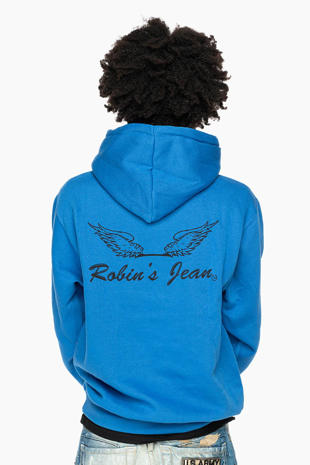 ROBIN’S JEAN PULLOVER HOODIE IN ROYAL BLUE WITH  BLACK WING PRINT - Image 2