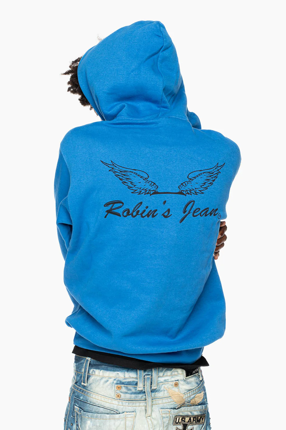 ROBIN’S JEAN PULLOVER HOODIE IN ROYAL BLUE WITH  BLACK WING PRINT - Image 4