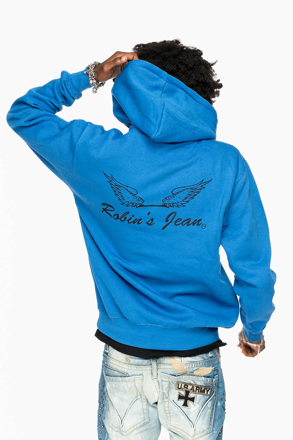 ROBIN’S JEAN PULLOVER HOODIE IN ROYAL BLUE WITH  BLACK WING PRINT - Image 5