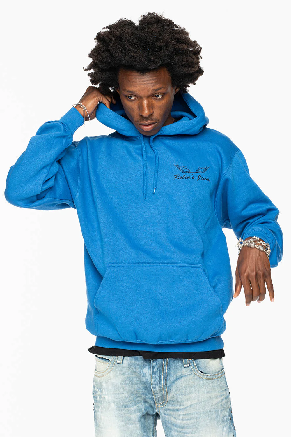 ROBIN’S JEAN PULLOVER HOODIE IN ROYAL BLUE WITH  BLACK WING PRINT - Image 6