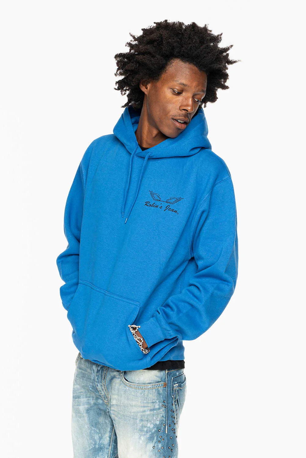 ROBIN’S JEAN PULLOVER HOODIE IN ROYAL BLUE WITH  BLACK WING PRINT - Image 7