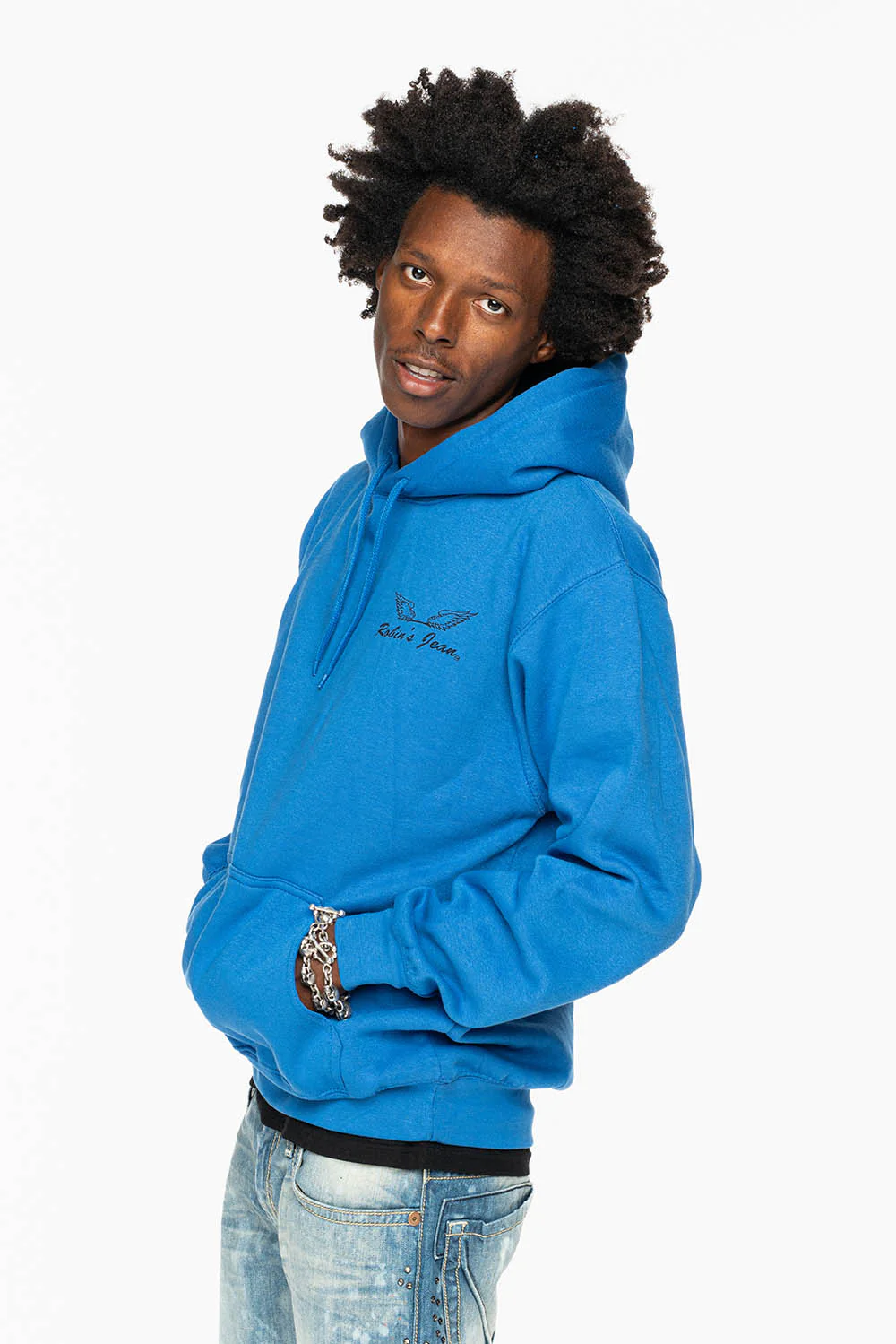 ROBIN’S JEAN PULLOVER HOODIE IN ROYAL BLUE WITH  BLACK WING PRINT - Image 8