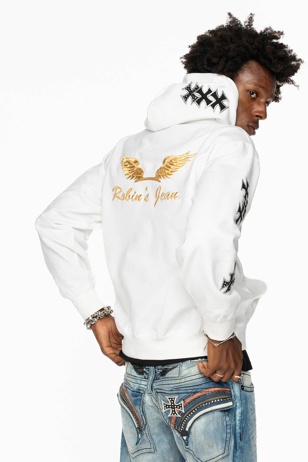 ROBIN’S JEAN PULLOVER HOODIE IN WHITE EMBELLISHED  WITH MEDIEVAL CROSS PATCHES AND  CRYSTALS - Image 3