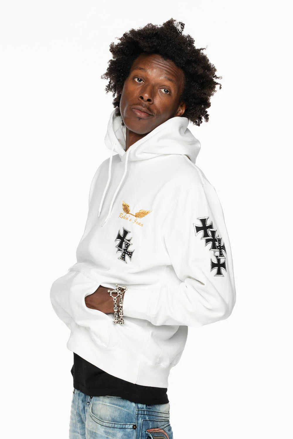 ROBIN’S JEAN PULLOVER HOODIE IN WHITE EMBELLISHED  WITH MEDIEVAL CROSS PATCHES AND  CRYSTALS - Image 5