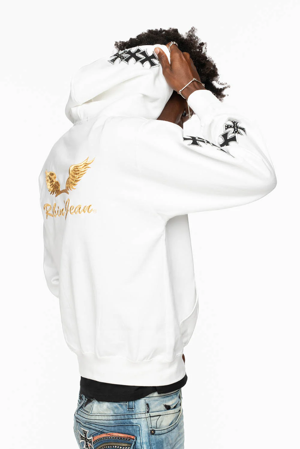 ROBIN’S JEAN PULLOVER HOODIE IN WHITE EMBELLISHED  WITH MEDIEVAL CROSS PATCHES AND  CRYSTALS - Image 6