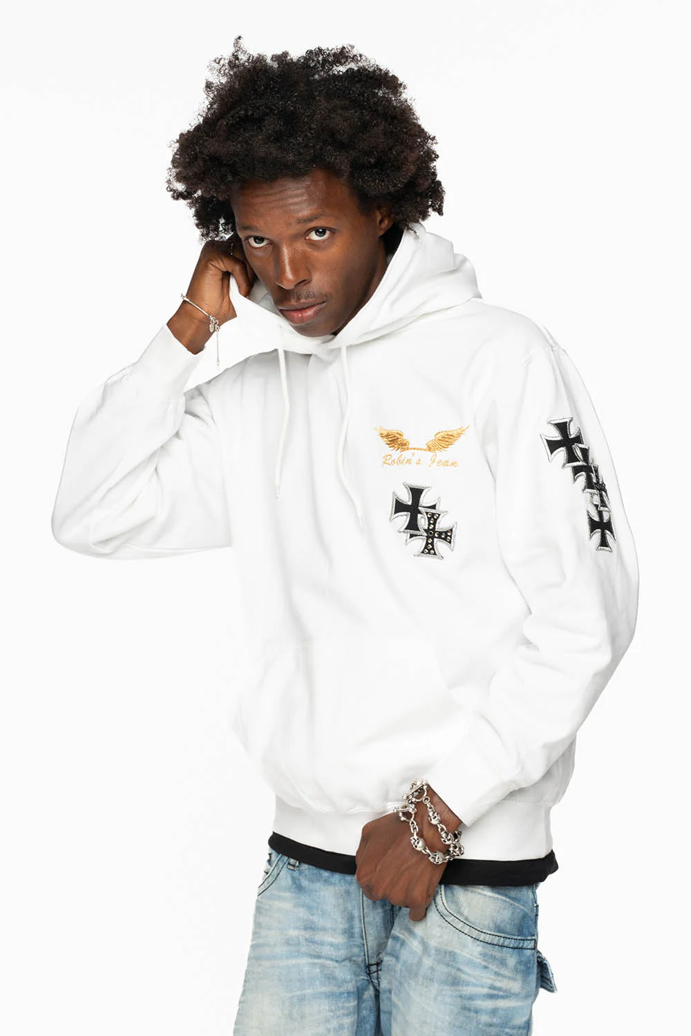ROBIN’S JEAN PULLOVER HOODIE IN WHITE EMBELLISHED  WITH MEDIEVAL CROSS PATCHES AND  CRYSTALS - Image 7