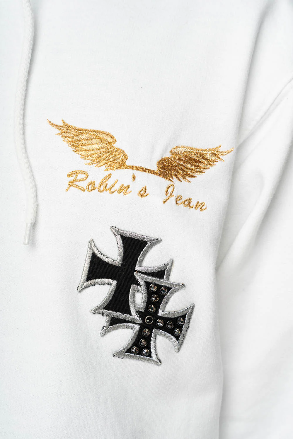 ROBIN’S JEAN PULLOVER HOODIE IN WHITE EMBELLISHED  WITH MEDIEVAL CROSS PATCHES AND  CRYSTALS - Image 8