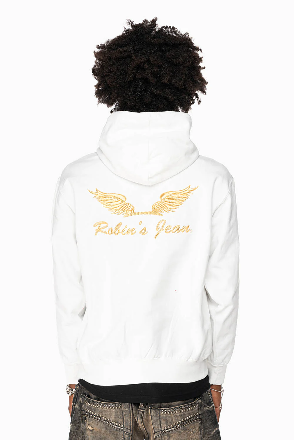 ROBIN’S JEAN PULLOVER HOODIE IN WHITE WITH GOLD WINGS EMBROIDERY - Image 2
