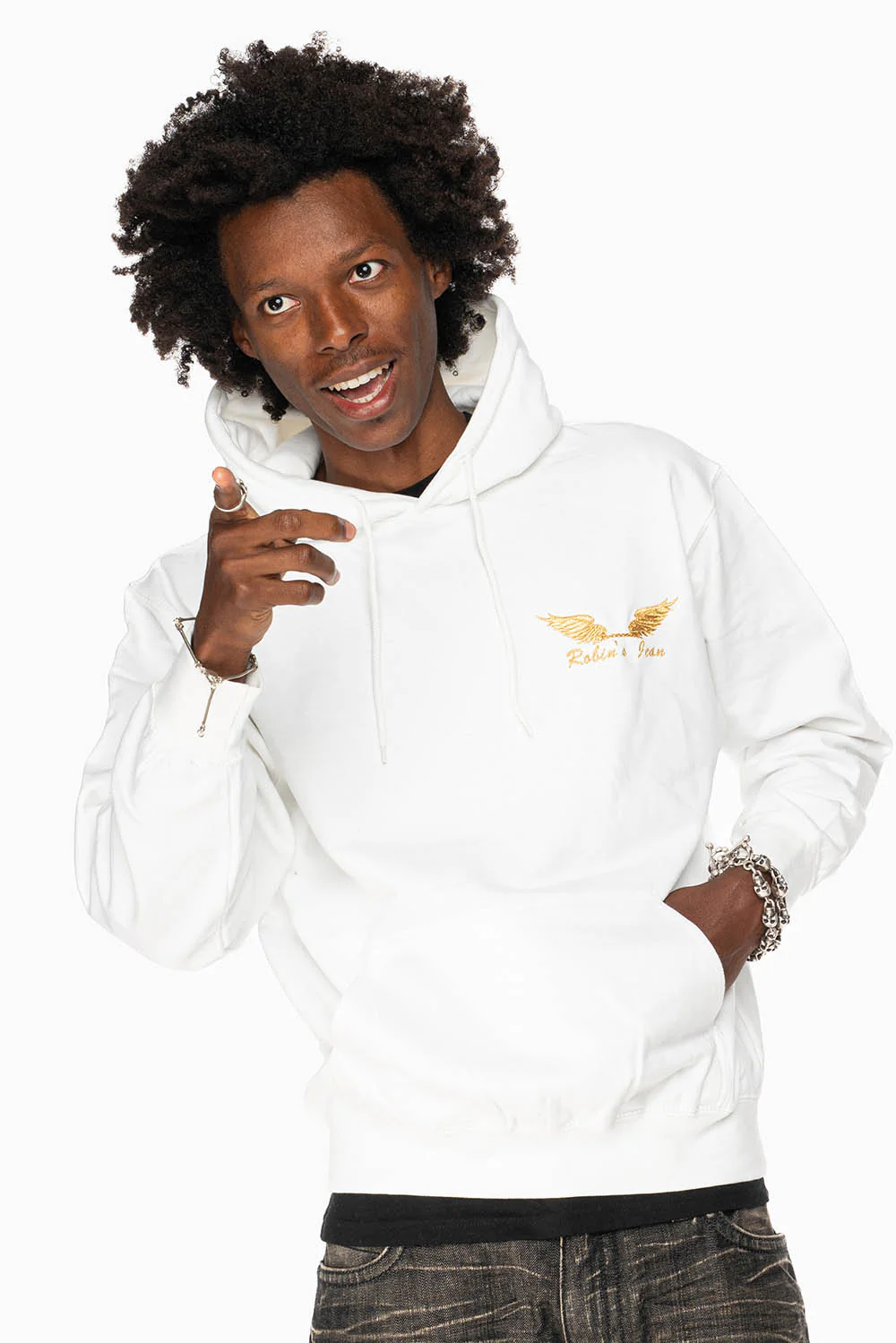 ROBIN’S JEAN PULLOVER HOODIE IN WHITE WITH GOLD WINGS EMBROIDERY - Image 5