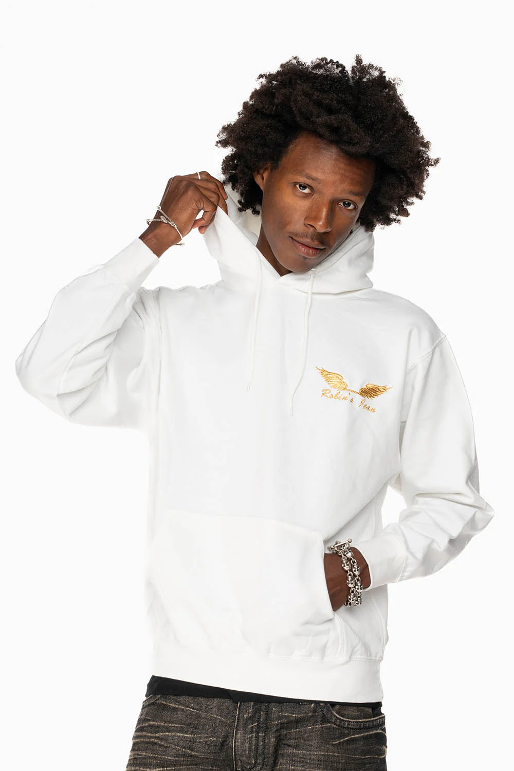 ROBIN’S JEAN PULLOVER HOODIE IN WHITE WITH GOLD WINGS EMBROIDERY - Image 6
